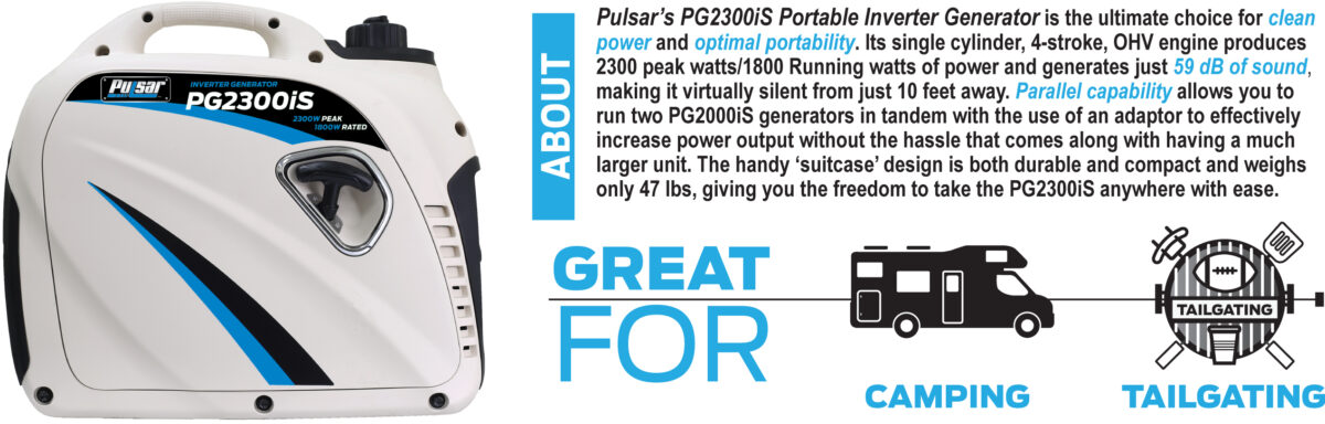 Pulsar 2,300W Portable Gas-Powered Inverter Generator with USB Outlet & Parallel Capability